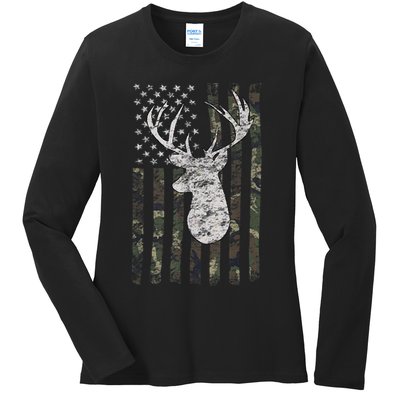 Deer Hunting Camo American Flag Ladies Long Sleeve Shirt
