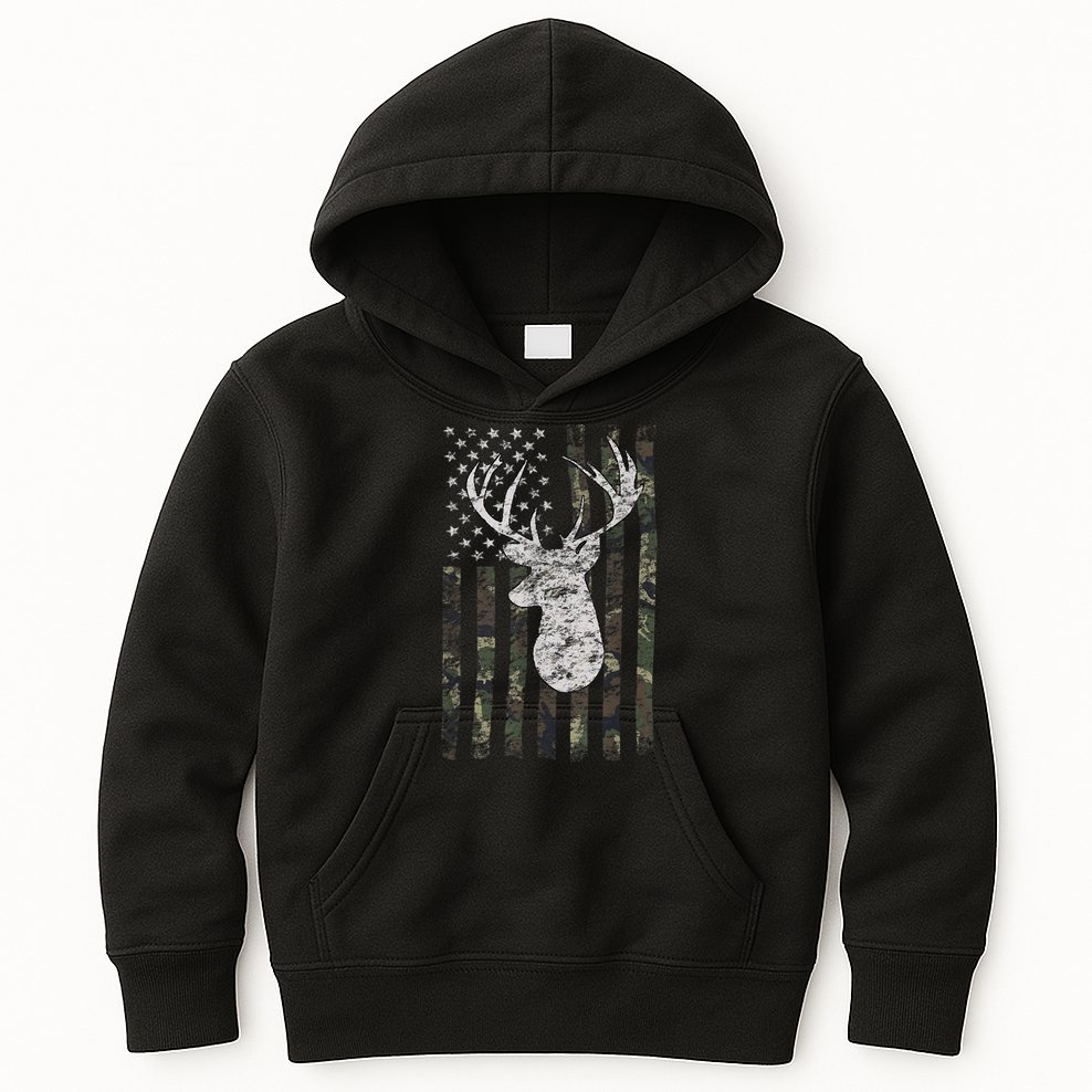 Deer Hunting Camo American Flag Kids Hoodie