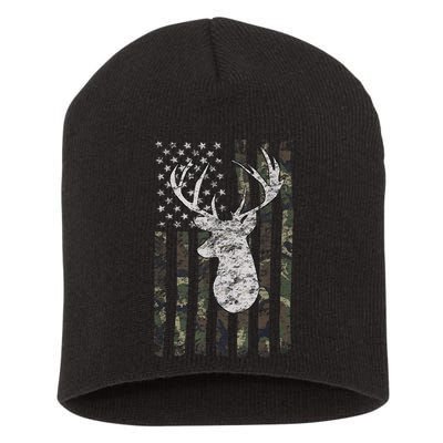 Deer Hunting Camo American Flag Short Acrylic Beanie