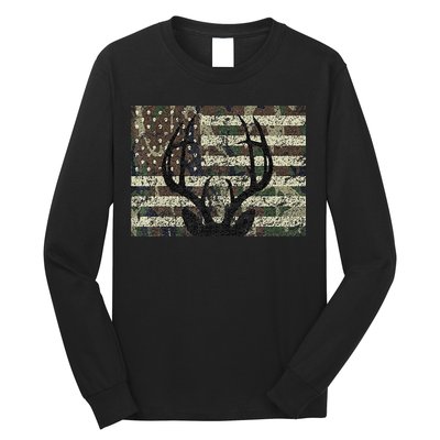 Deer Hunting Camo American Flag Buck Antlers Hunter Country Long Sleeve Shirt