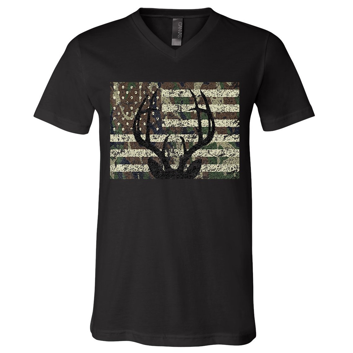 Deer Hunting Camo American Flag Buck Antlers Hunter Country V-Neck T-Shirt
