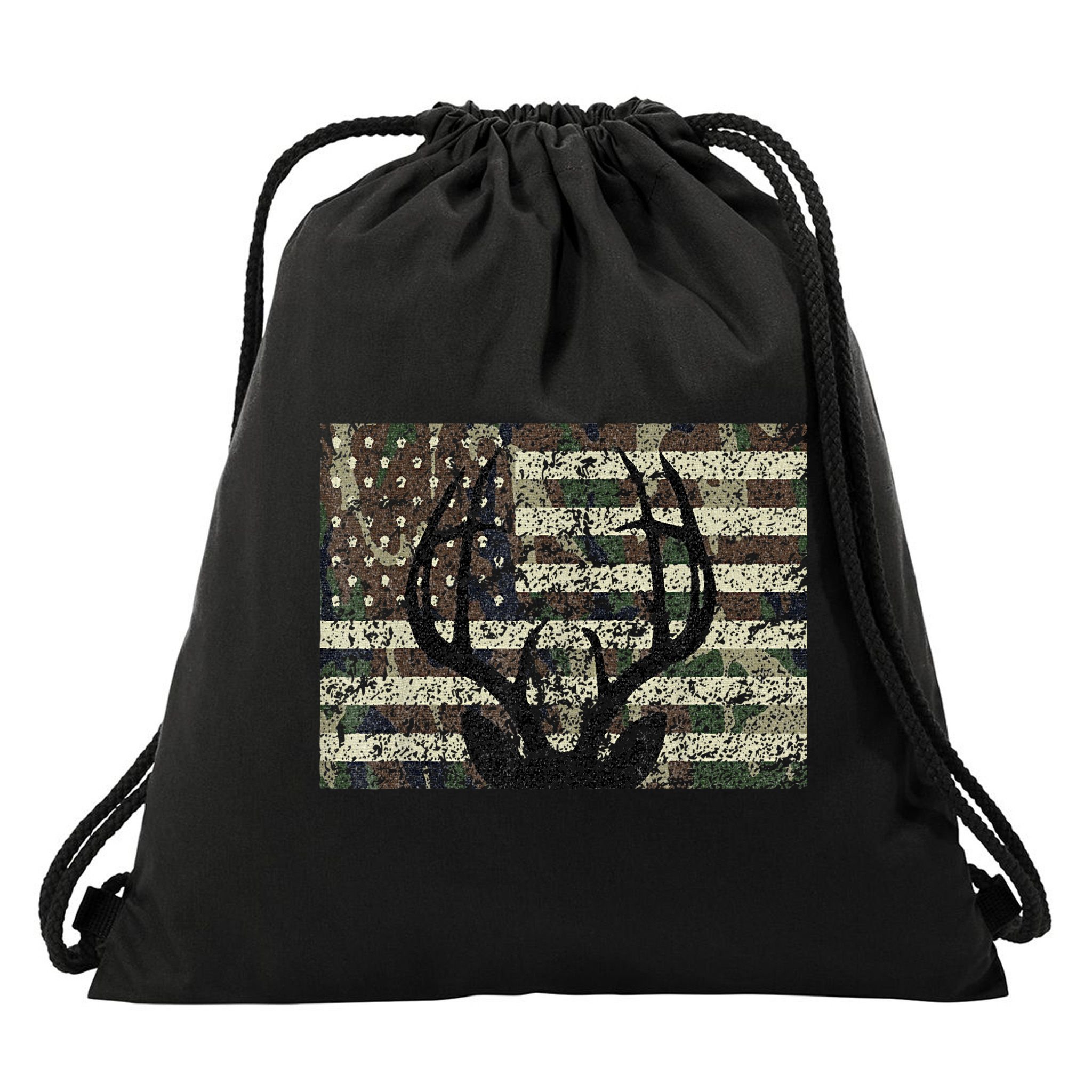 Deer Hunting Camo American Flag Buck Antlers Hunter Country Drawstring Bag