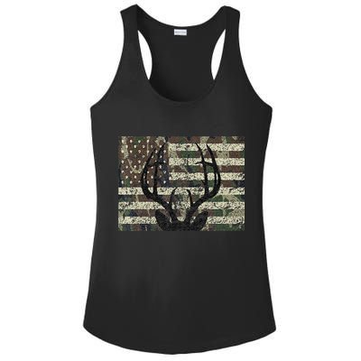 Deer Hunting Camo American Flag Buck Antlers Hunter Country Ladies PosiCharge Competitor Racerback Tank
