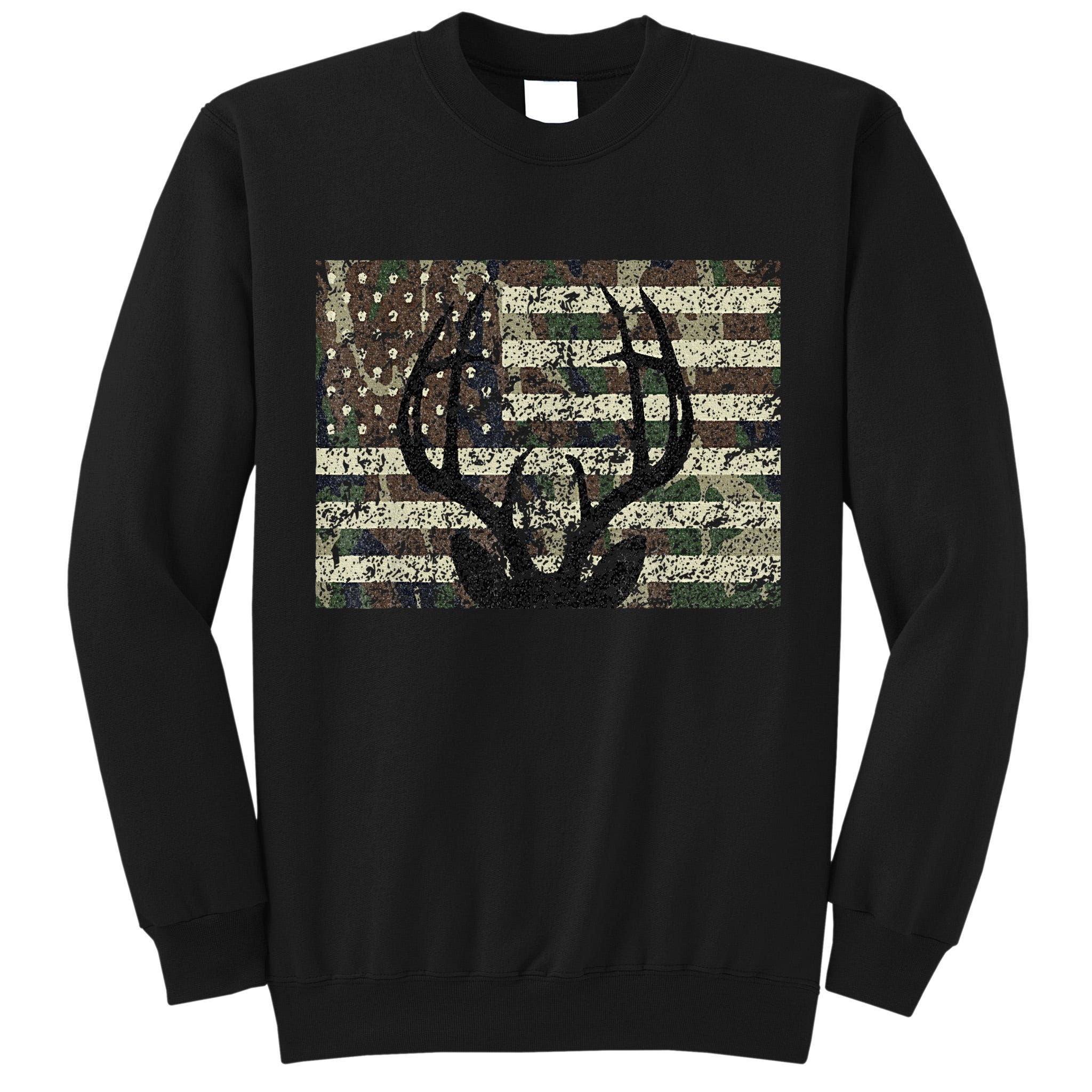 Deer Hunting Camo American Flag Buck Antlers Hunter Country Tall Sweatshirt