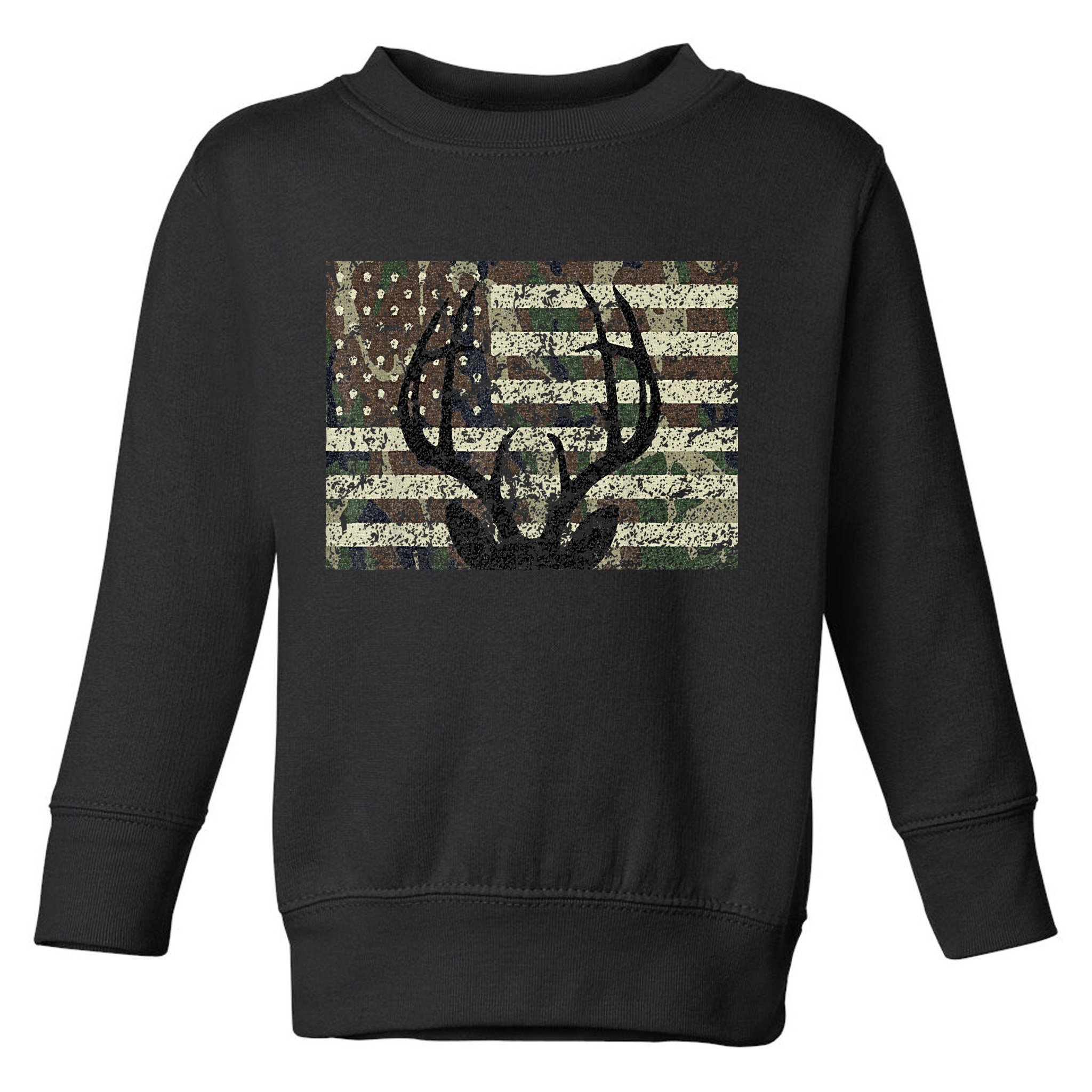 Deer Hunting Camo American Flag Buck Antlers Hunter Country Toddler Sweatshirt