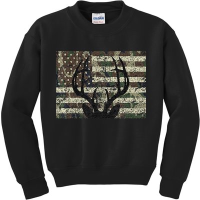 Deer Hunting Camo American Flag Buck Antlers Hunter Country Kids Sweatshirt
