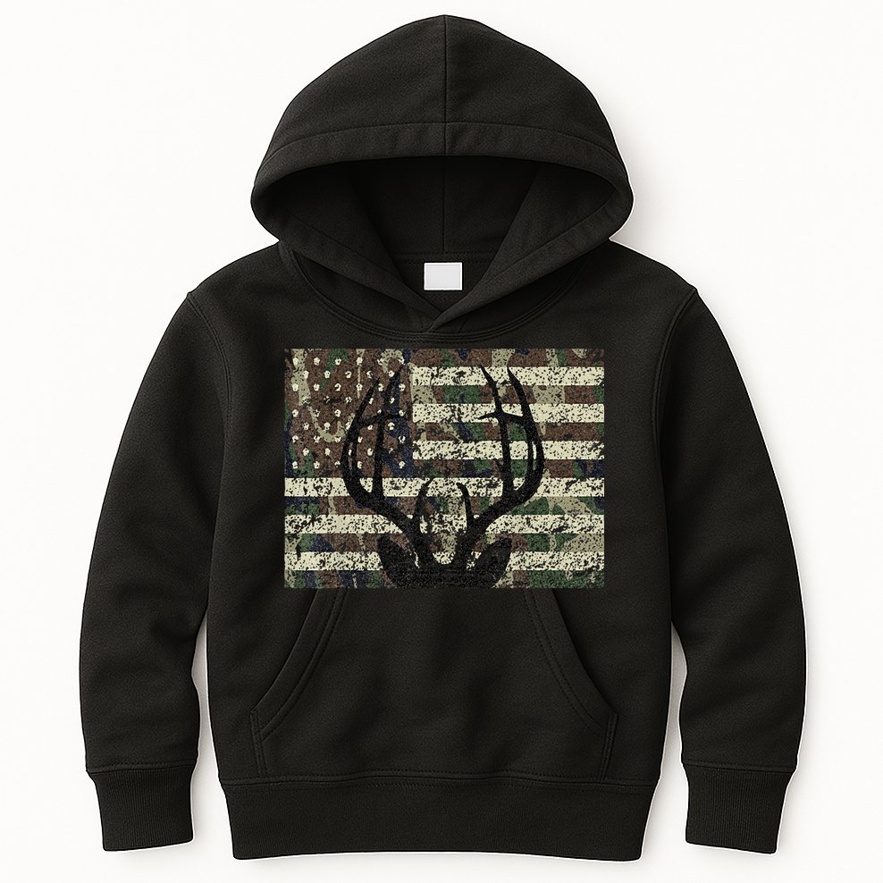 Deer Hunting Camo American Flag Buck Antlers Hunter Country Kids Hoodie