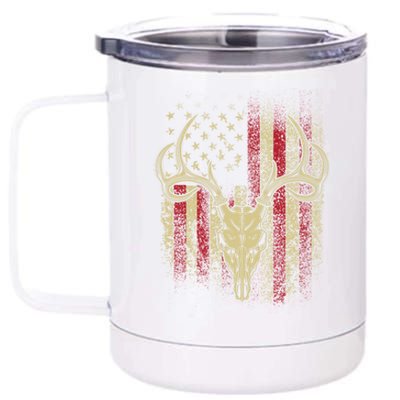 Deer Hunters Deer Skull On American Flag Meaningful Gift 12 oz Stainless Steel Tumbler Cup