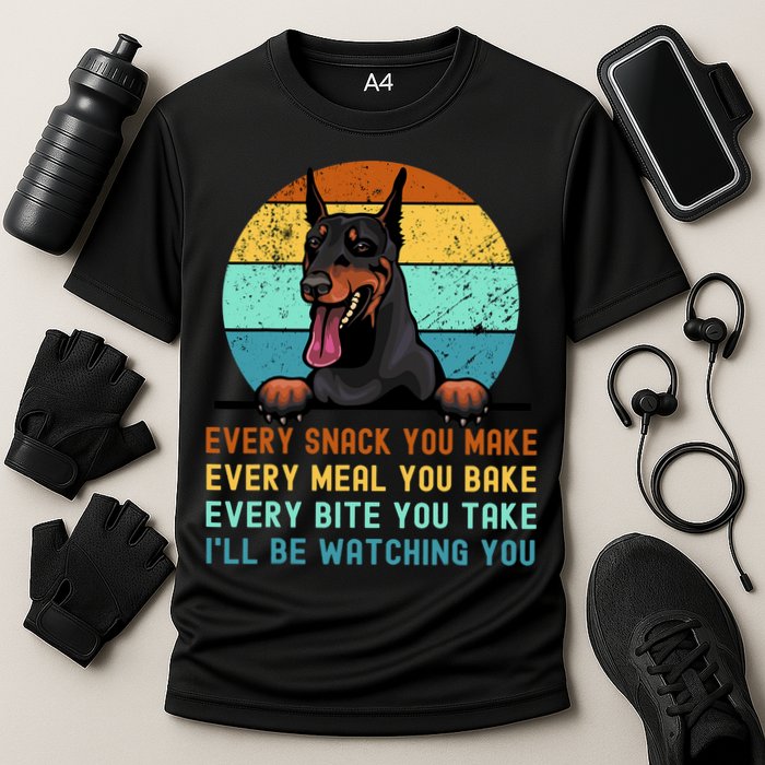 Doberman Hungry Dog Funny Mom Dad I'll be Watching You Cooling Performance Crew T-Shirt