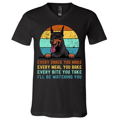 Doberman Hungry Dog Funny Mom Dad I'll be Watching You V-Neck T-Shirt