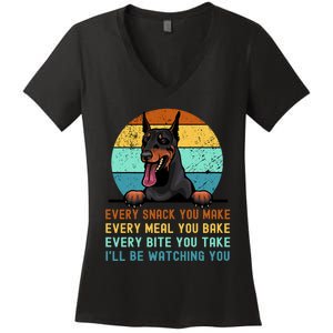 Doberman Hungry Dog Funny Mom Dad I'll be Watching You Women's V-Neck T-Shirt