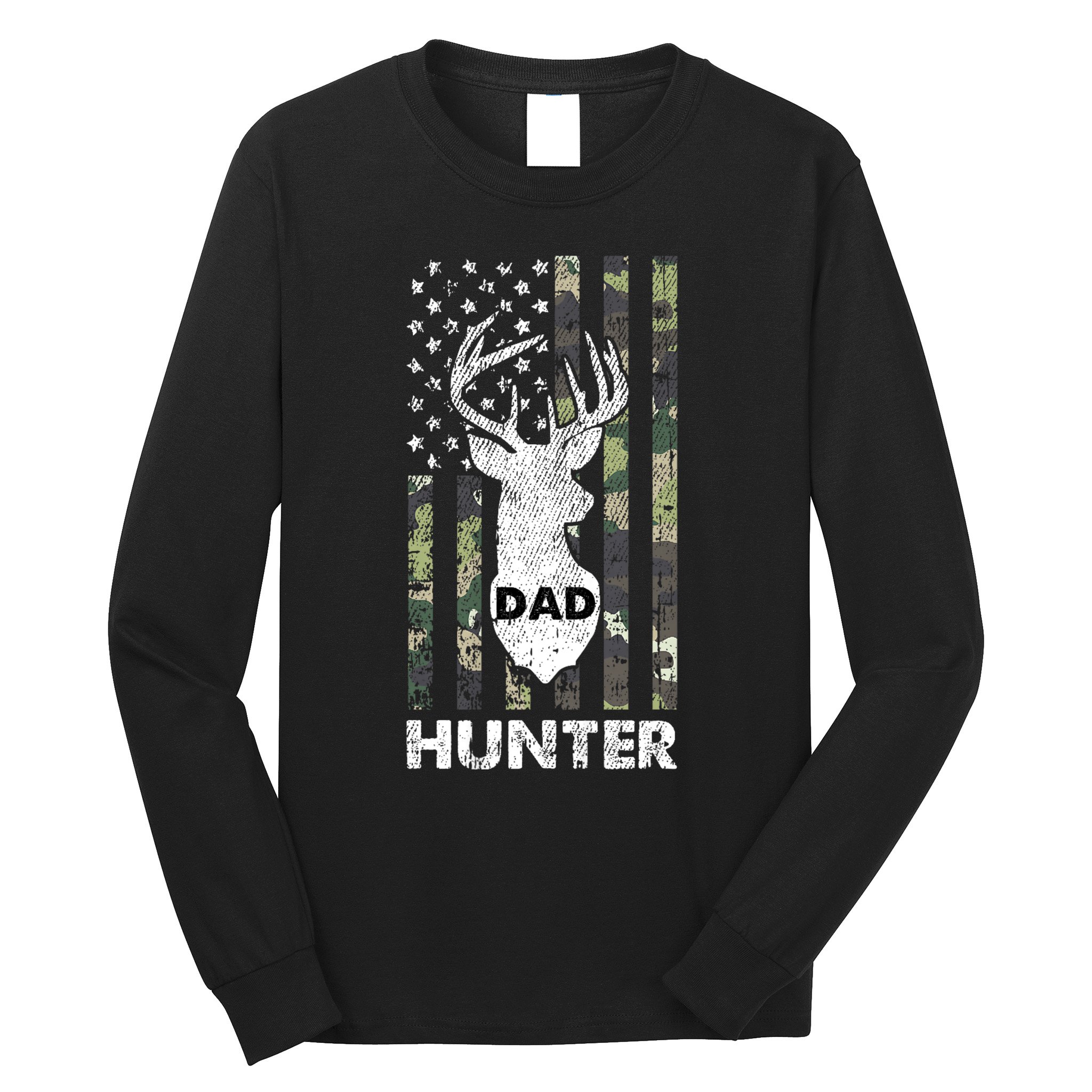 Deer Hunter Dad Cool Hunting American Flag Camo Stripes Papa Long Sleeve Shirt