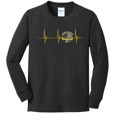 Dispatcher Heartbeat EKG Pulse Thin Yellow Line Dispatch Kids Long Sleeve Shirt