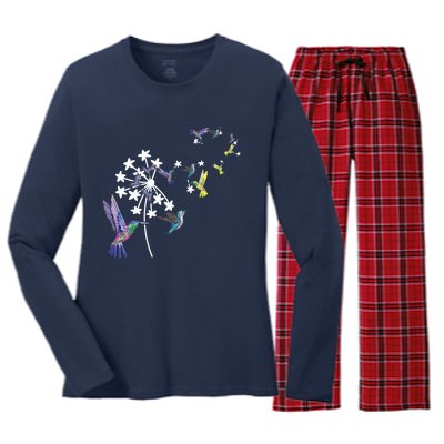 Dandelion Hummingbird Flower For Birdwatcher Herbalist Gift Women's Long Sleeve Flannel Pajama Set 