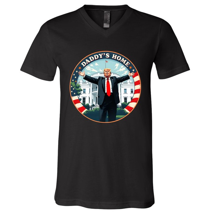 Daddys Home Funny Donald Trump White House 2024 President 47 V-Neck T-Shirt