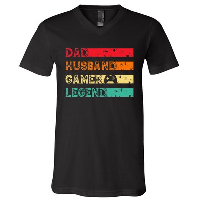 Dad Husband Gamer Legend Vintage Gamer gaming fathers Day V-Neck T-Shirt