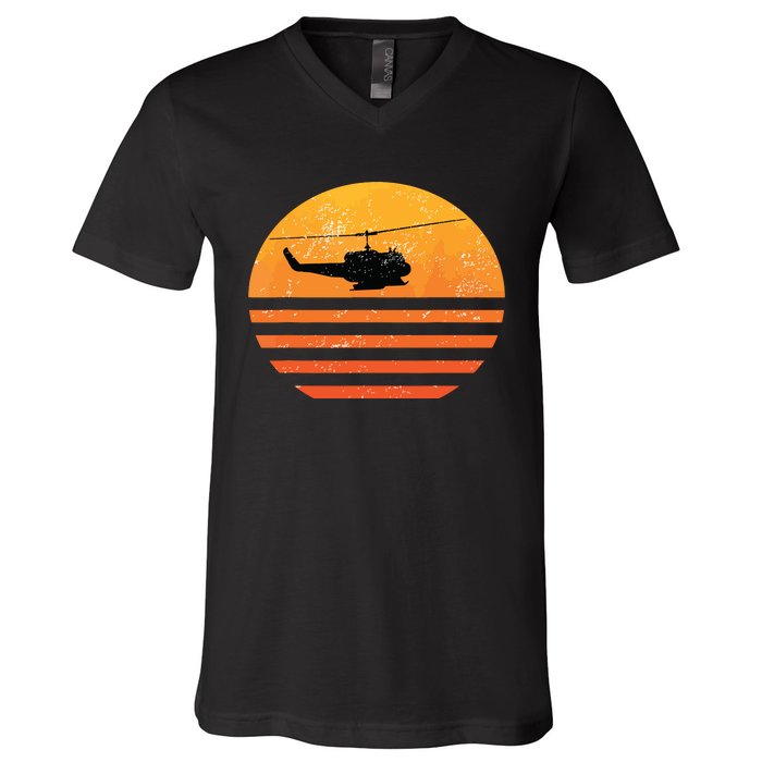 Distressed Huey Helicopter Uh1 Vietnam War Veteran V-Neck T-Shirt