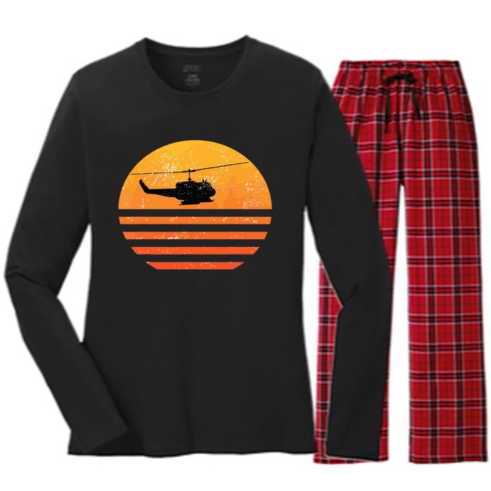 Distressed Huey Helicopter Uh1 Vietnam War Veteran Women's Long Sleeve Flannel Pajama Set 