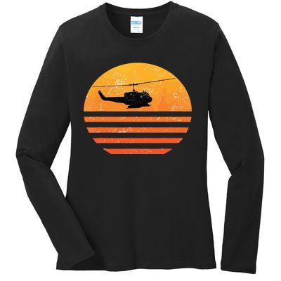 Distressed Huey Helicopter Uh1 Vietnam War Veteran Ladies Long Sleeve Shirt