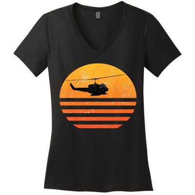 Distressed Huey Helicopter Uh1 Vietnam War Veteran Women's V-Neck T-Shirt