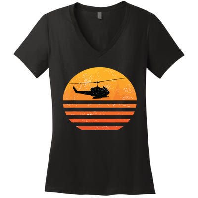 Distressed Huey Helicopter Uh1 Vietnam War Veteran Women's V-Neck T-Shirt