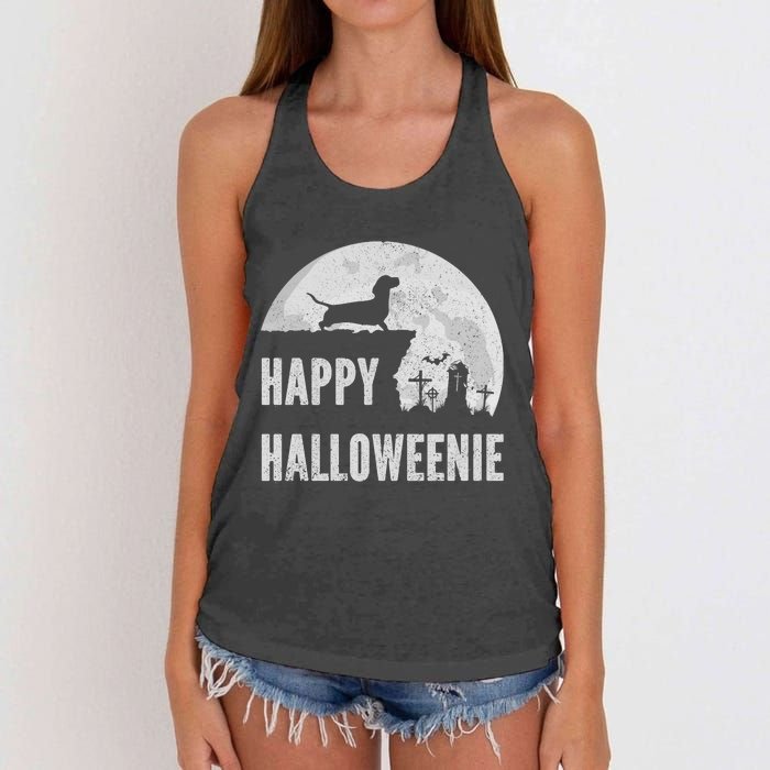 Dachshund Happy Halloweenie Costume Wiener Dog In The Moon Women's Knotted Racerback Tank