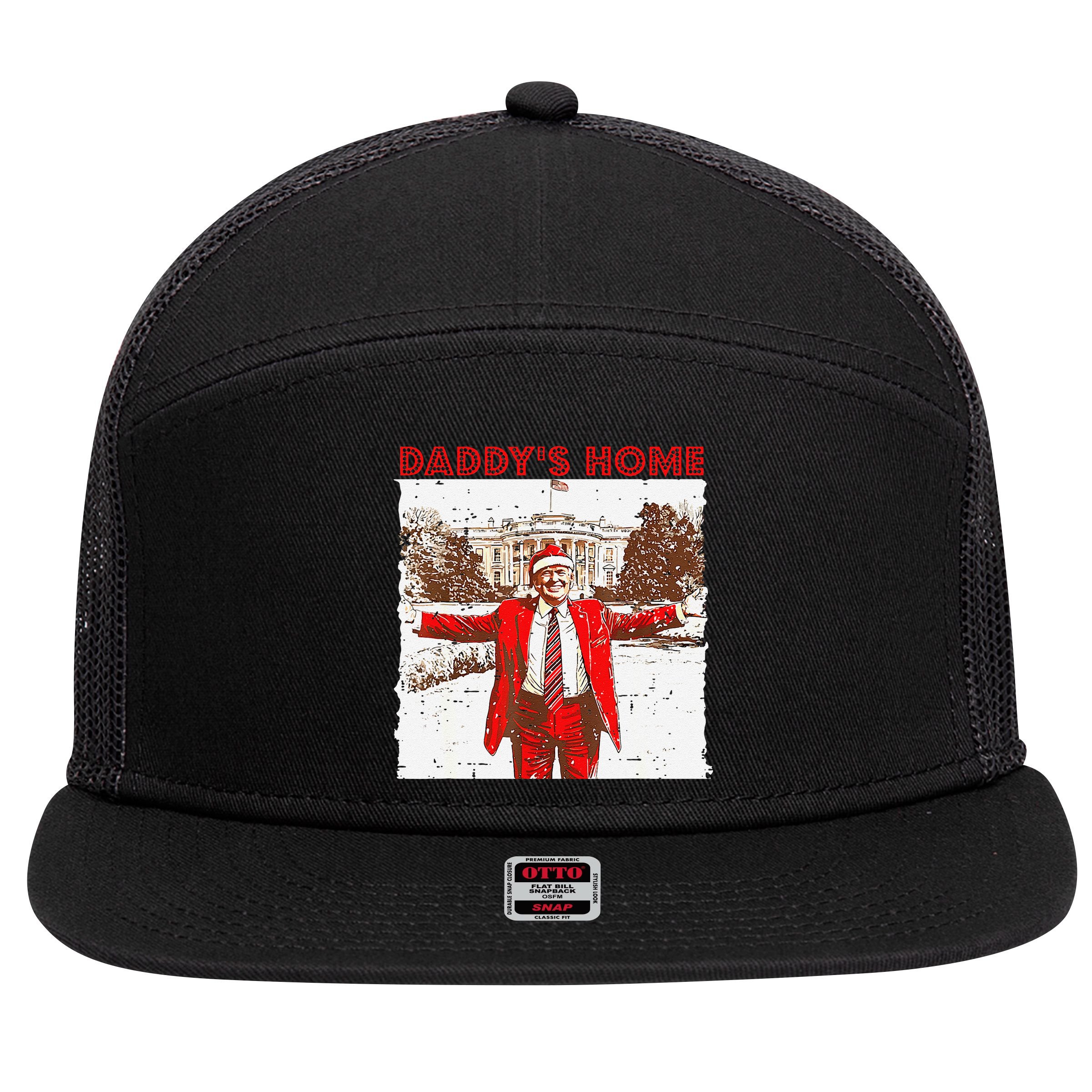 DaddyS Home ILl Be Home For Christmas Fun Trump 2024 Xmas 7 Panel Mesh Trucker Snapback Hat