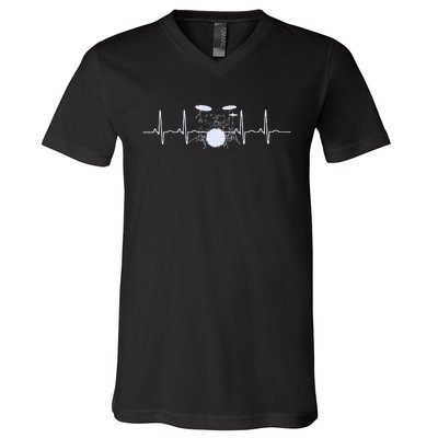 Drum Heartbeat Lifeline Music Lover Gift Drummer V-Neck T-Shirt