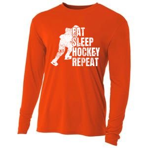 Distressed Hockey Lover Print Eat Sleep Ice Hockey Repeat Gift Cooling Performance Long Sleeve Crew