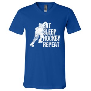 Distressed Hockey Lover Print Eat Sleep Ice Hockey Repeat Gift V-Neck T-Shirt