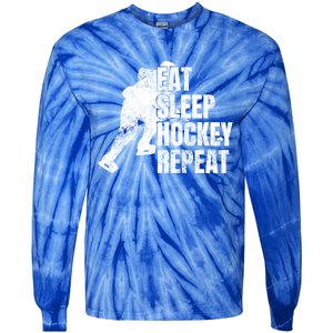 Distressed Hockey Lover Print Eat Sleep Ice Hockey Repeat Gift Tie-Dye Long Sleeve Shirt