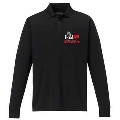 Duck Hunting My Heart Belongs To A Duckhunter Gift Wife Mom Performance Long Sleeve Polo