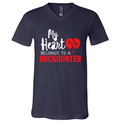 Duck Hunting My Heart Belongs To A Duckhunter Gift Wife Mom V-Neck T-Shirt