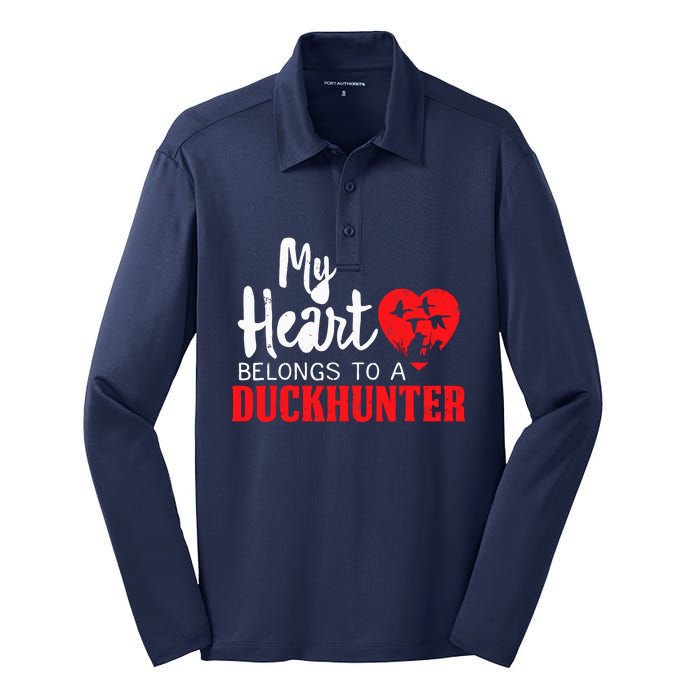 Duck Hunting My Heart Belongs To A Duckhunter Gift Wife Mom Silk Touch Performance Long Sleeve Polo