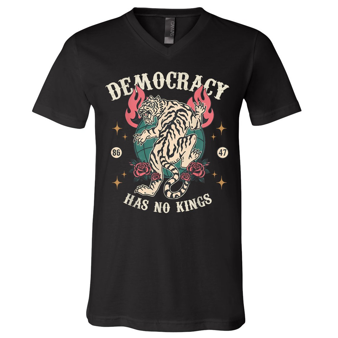 Democracy Has No Kings 86 47 Tiger V-Neck T-Shirt