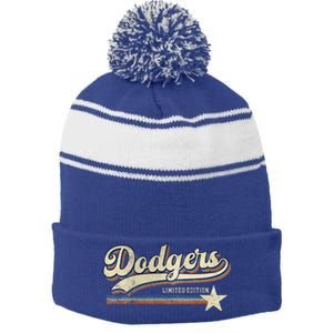 Dodgers Heart Name Stripe Pom Pom Beanie