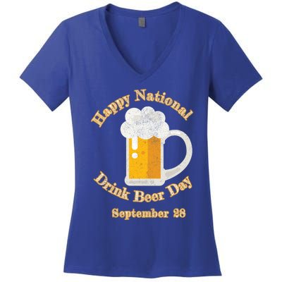 Distressed Happy National Beer Day September 28 Gift Women's V-Neck T-Shirt