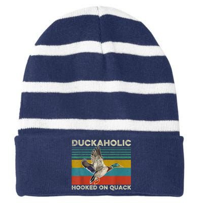 Duckaholic Hooked On Quack Funny Duck Hunting Hunter Gift Striped Beanie with Solid Band