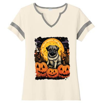 Dog Halloween Pug Ladies Halftime Notch Neck Tee