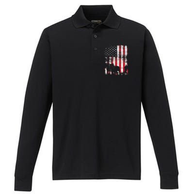 Draft Horse Patriotic American Flag Vintage Farmer Performance Long Sleeve Polo