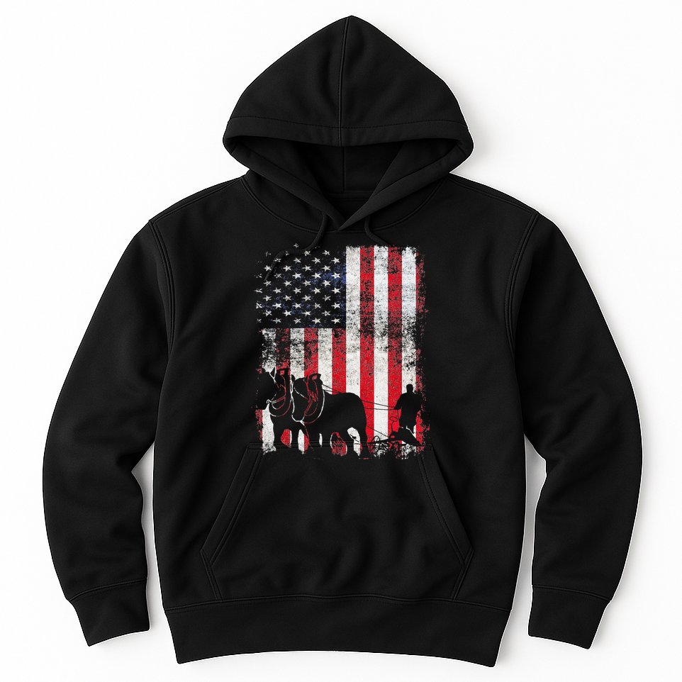 Draft Horse Patriotic American Flag Vintage Farmer Hoodie