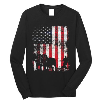 Draft Horse Patriotic American Flag Vintage Farmer Long Sleeve Shirt