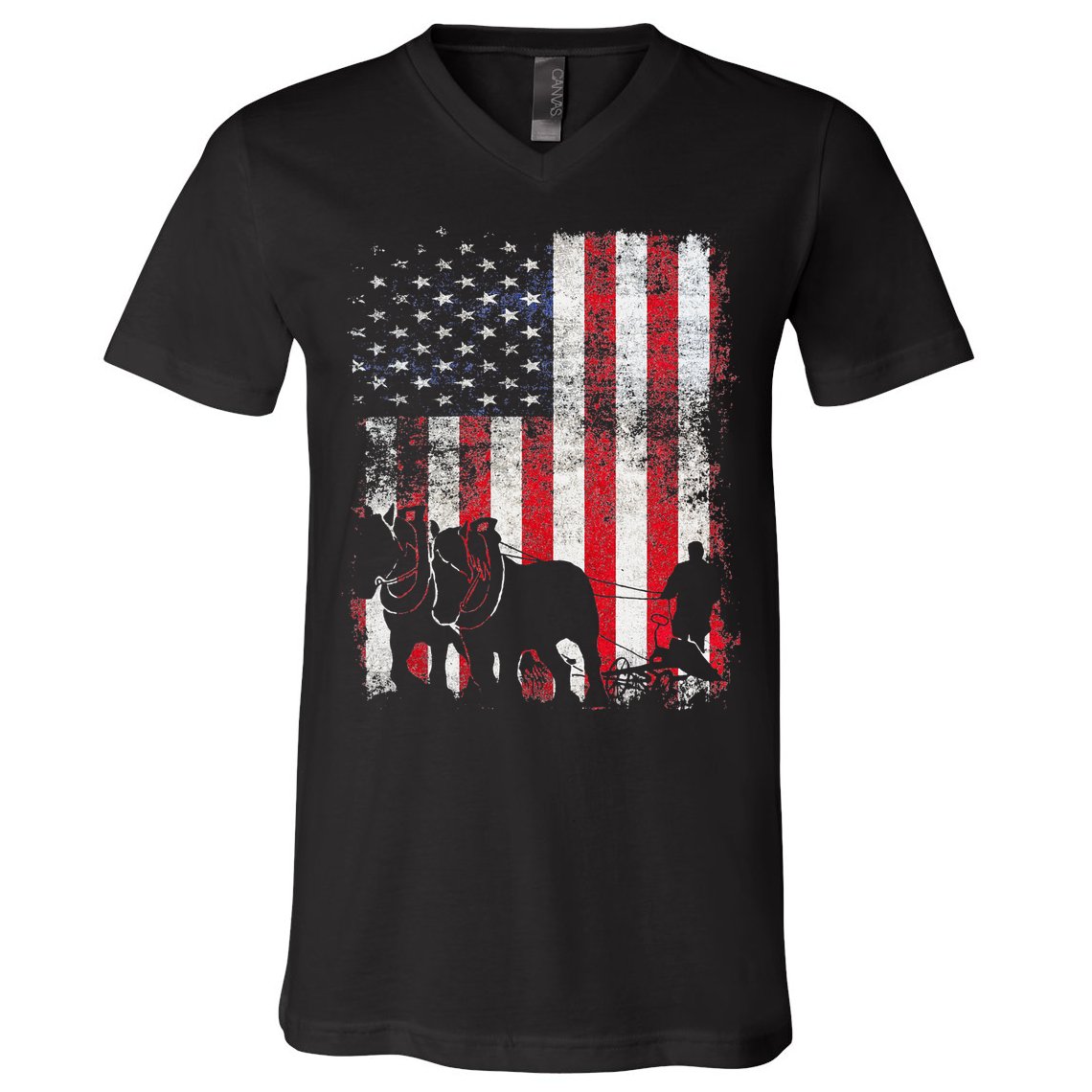 Draft Horse Patriotic American Flag Vintage Farmer V-Neck T-Shirt