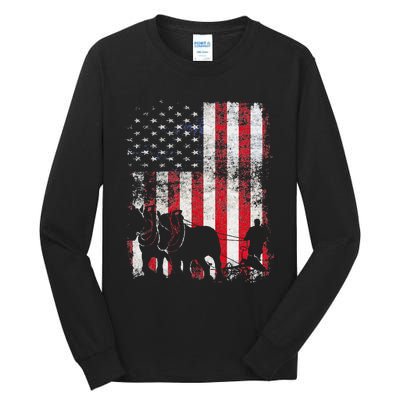 Draft Horse Patriotic American Flag Vintage Farmer Tall Long Sleeve T-Shirt