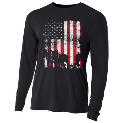 Draft Horse Patriotic American Flag Vintage Farmer Cooling Performance Long Sleeve Crew