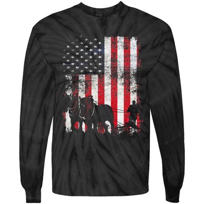 Draft Horse Patriotic American Flag Vintage Farmer Tie-Dye Long Sleeve Shirt