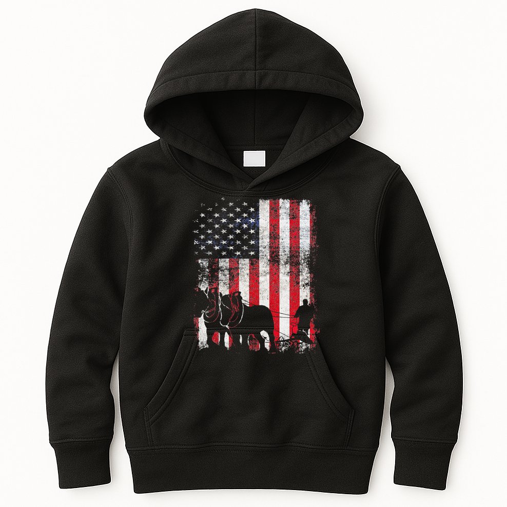 Draft Horse Patriotic American Flag Vintage Farmer Kids Hoodie