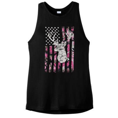 Deer Hunting Pink Camouflage Flag Distressed Funny Gift Ladies PosiCharge Tri-Blend Wicking Tank