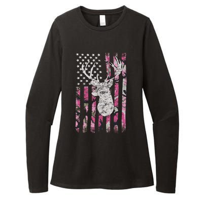 Deer Hunting Pink Camouflage Flag Distressed Funny Gift Womens CVC Long Sleeve Shirt