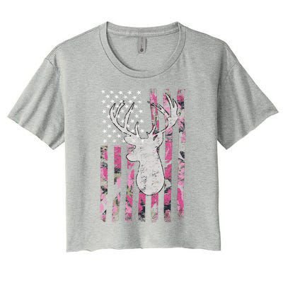 Deer Hunting Pink Camouflage Flag Distressed Funny Gift Women's Crop Top Tee